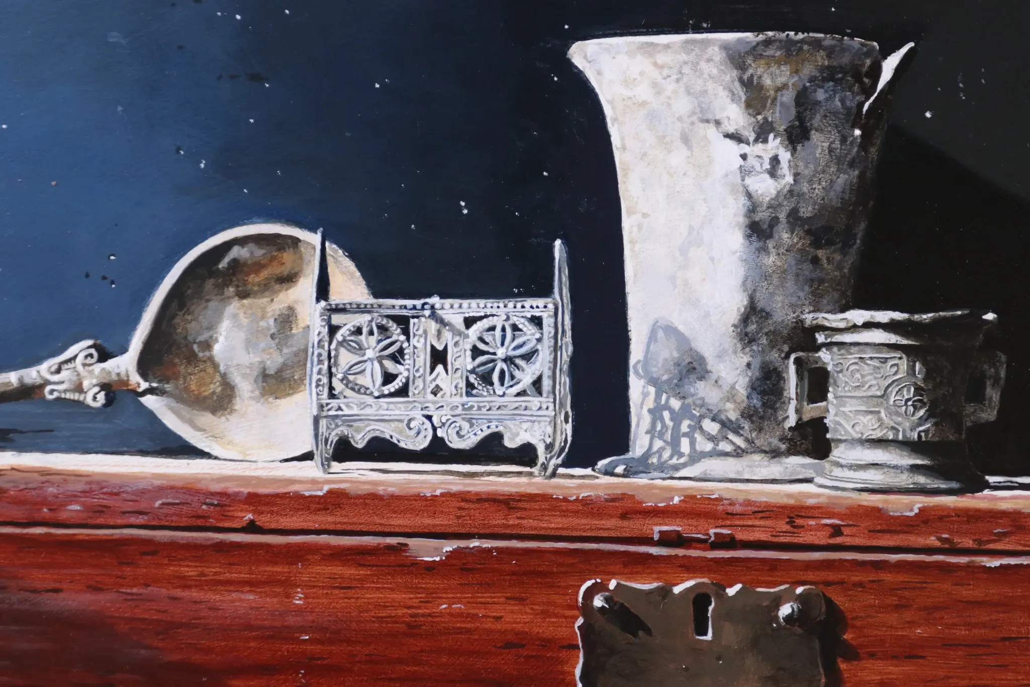 Still life with pewter finds on a chest – Marjolein van den Berg, c. 2011