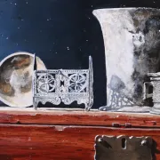 Still life with pewter finds on a chest – Marjolein van den Berg, c. 2011