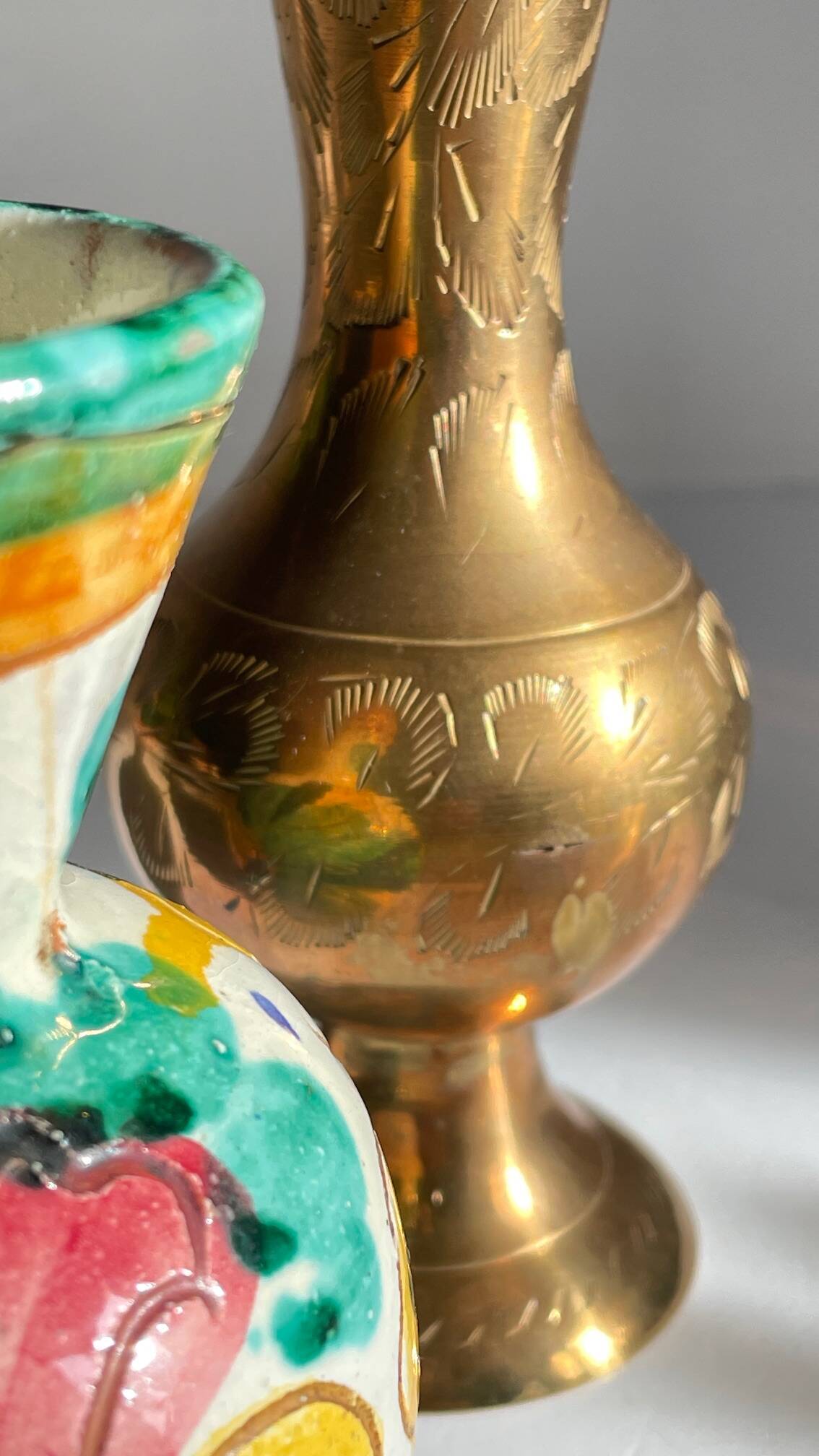Vases céramique artisanale laiton ciselé vintage