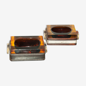 Set of 2 ashtrays made of thick glass and stung saddle leather