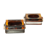 Ensemble de 2 cendriers en verre épais et cuir sellier piqué