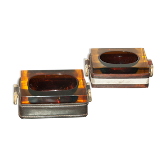 Set of 2 ashtrays made of thick glass and stung saddle leather