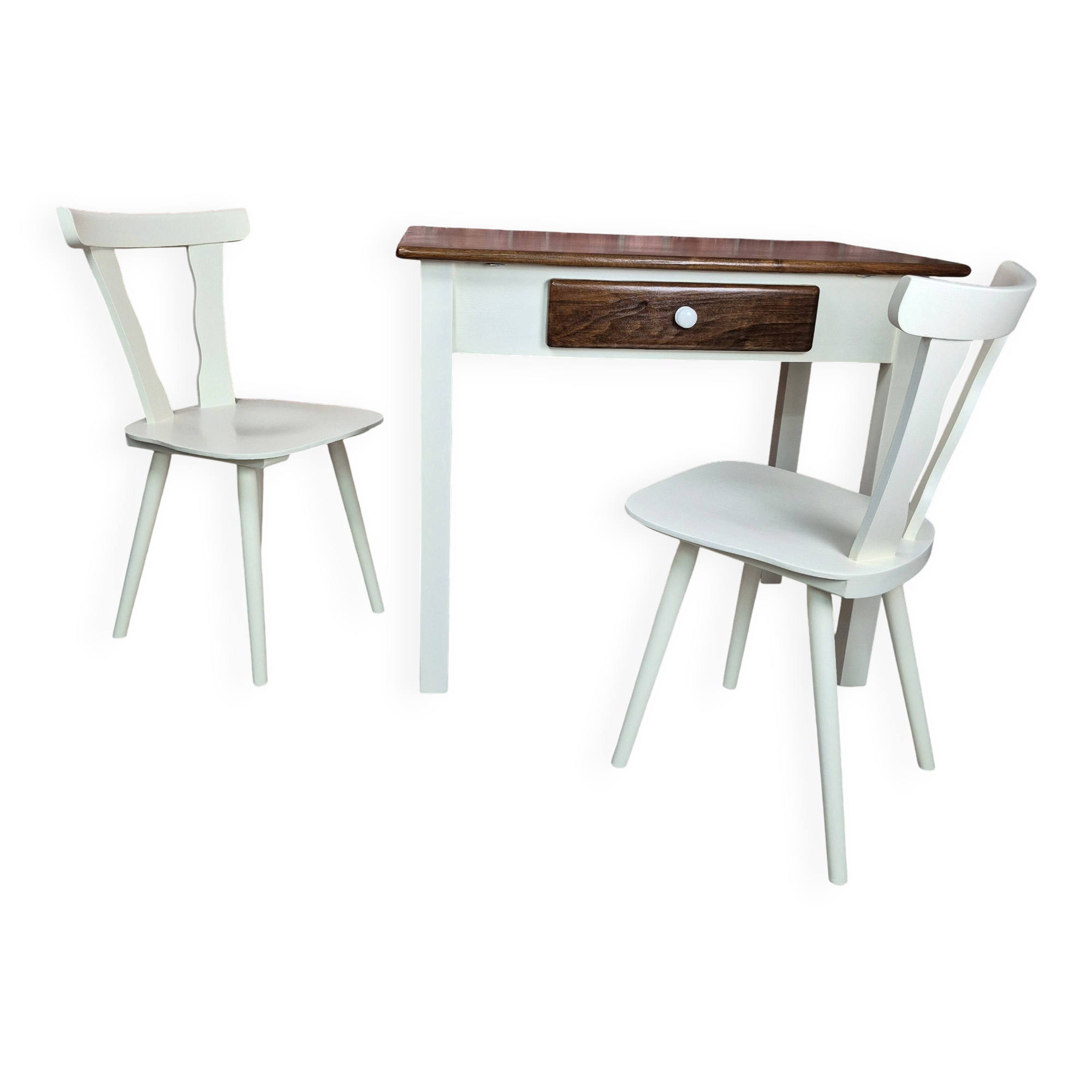 Upcycled Vintage Kitchen Dining Set Table and 2 Chairs - Cream and Walnut