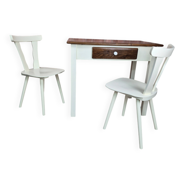Ensemble de salle à manger vintage recyclé avec table et 2 chaises - Crème et noyer