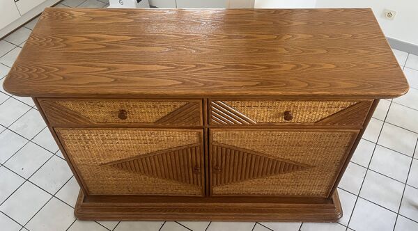 Buffet, commode vintage en rotin tressé style Riviera, années 70