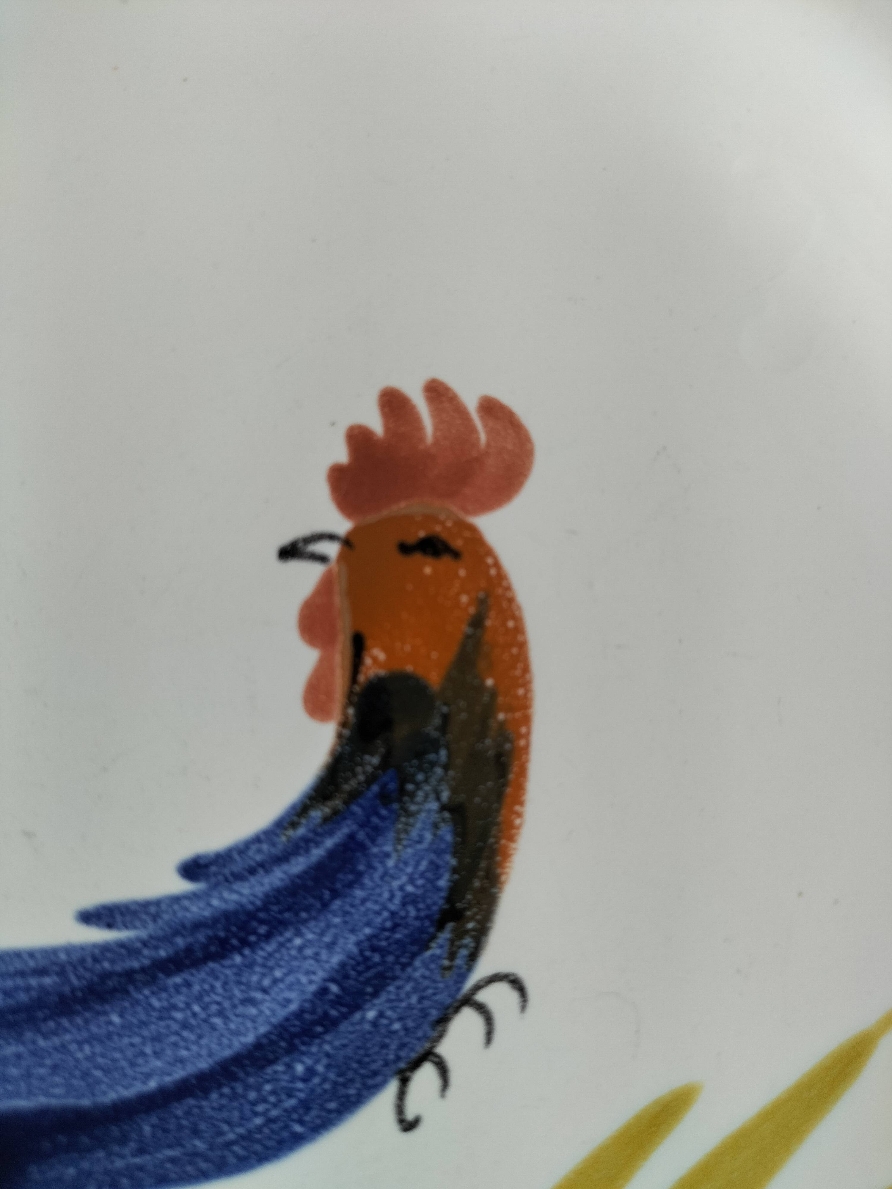 Hand-painted earthenware plate from Pornic, vintage rooster design