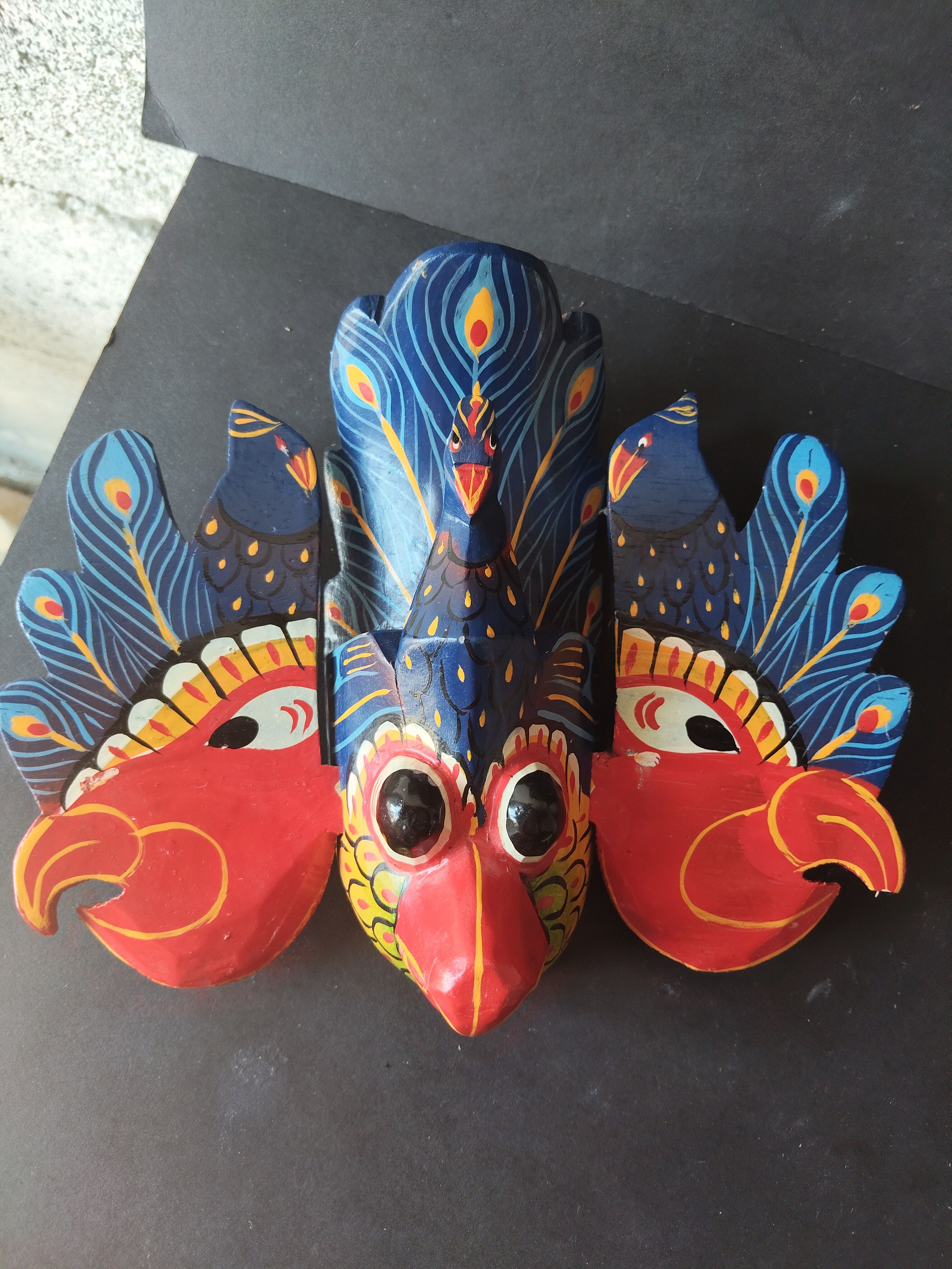 Ancient Balinese mask carved and painted – Stylised peacock – Art p