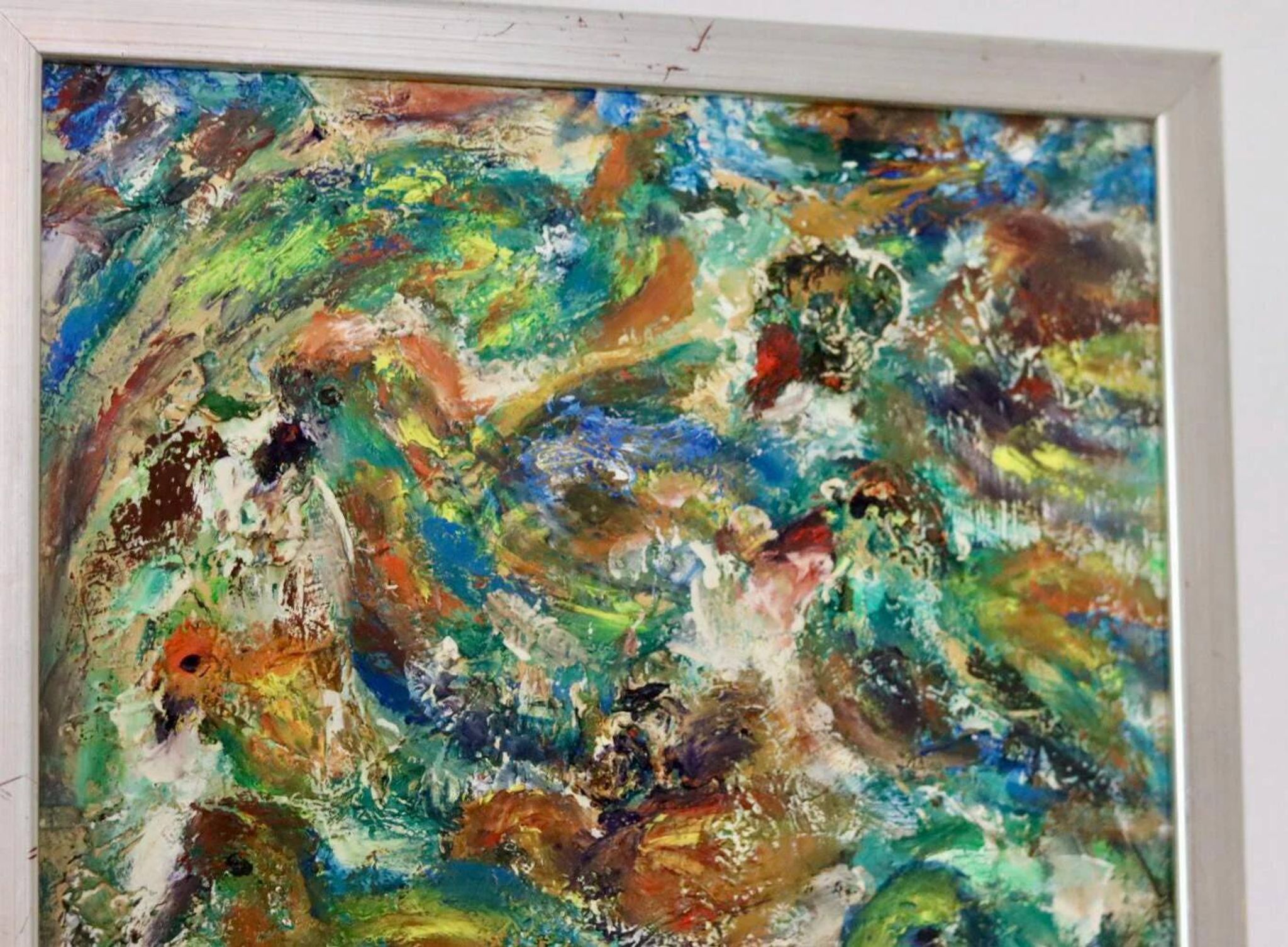 Peinture à l'huile sur panneau originale suédoise du milieu du siècle « Composition - Oiseaux »