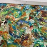 Original Swedish mid-century oil on panel painting "Composition- Birds"