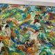 Original Swedish mid-century oil on panel painting "Composition- Birds"