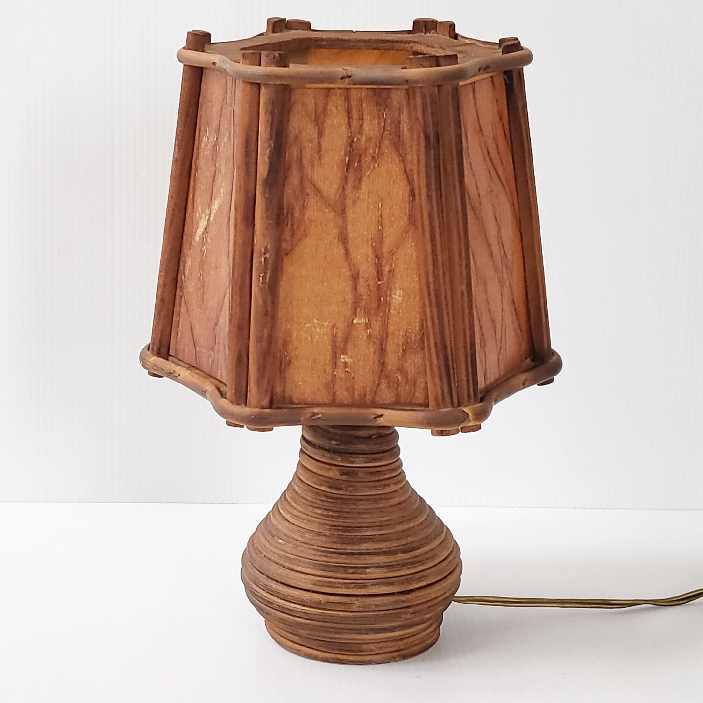 Lampe vintage 1960 bois & rotin