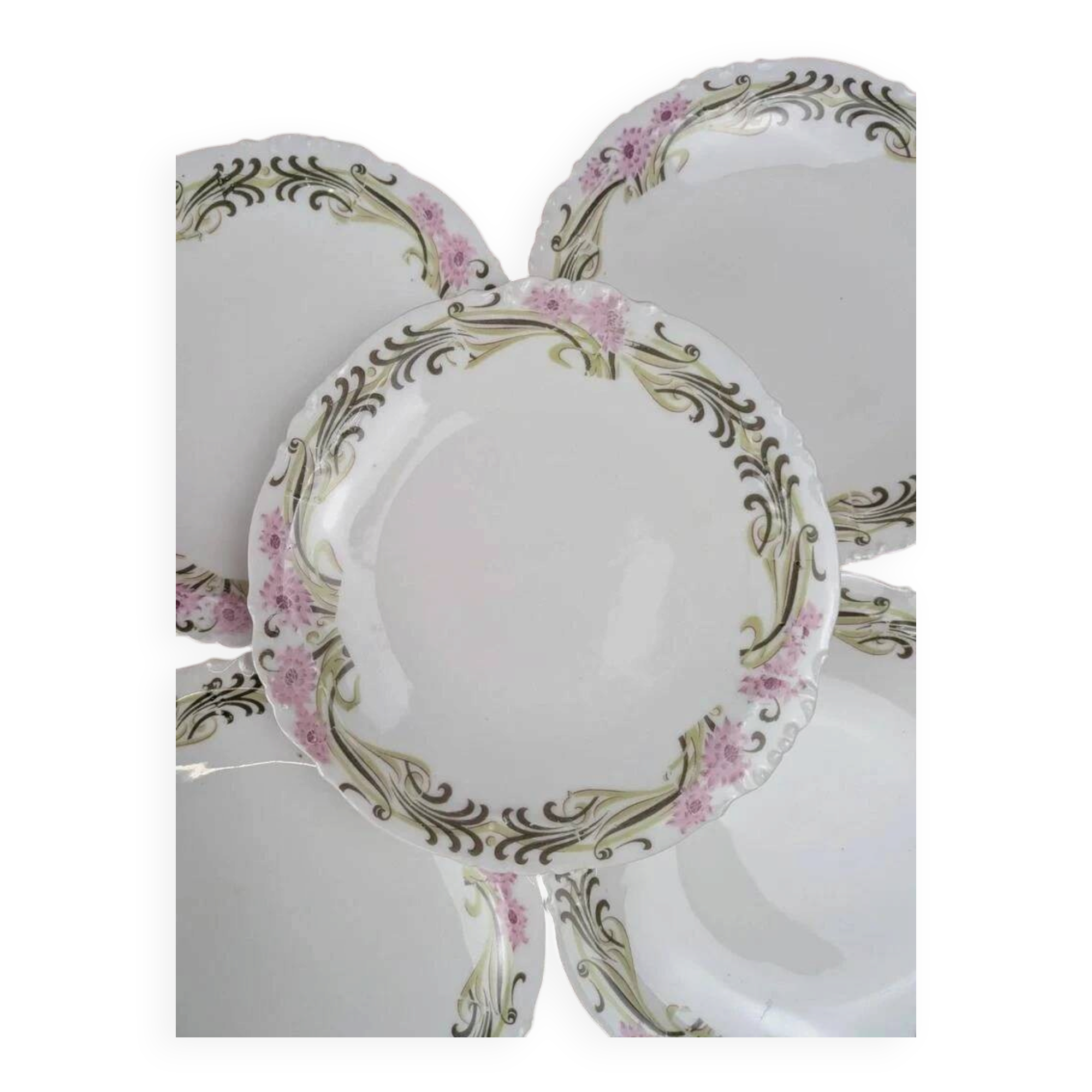 Set of 5 Limoges porcelain dessert plates in Art Nouveau style.