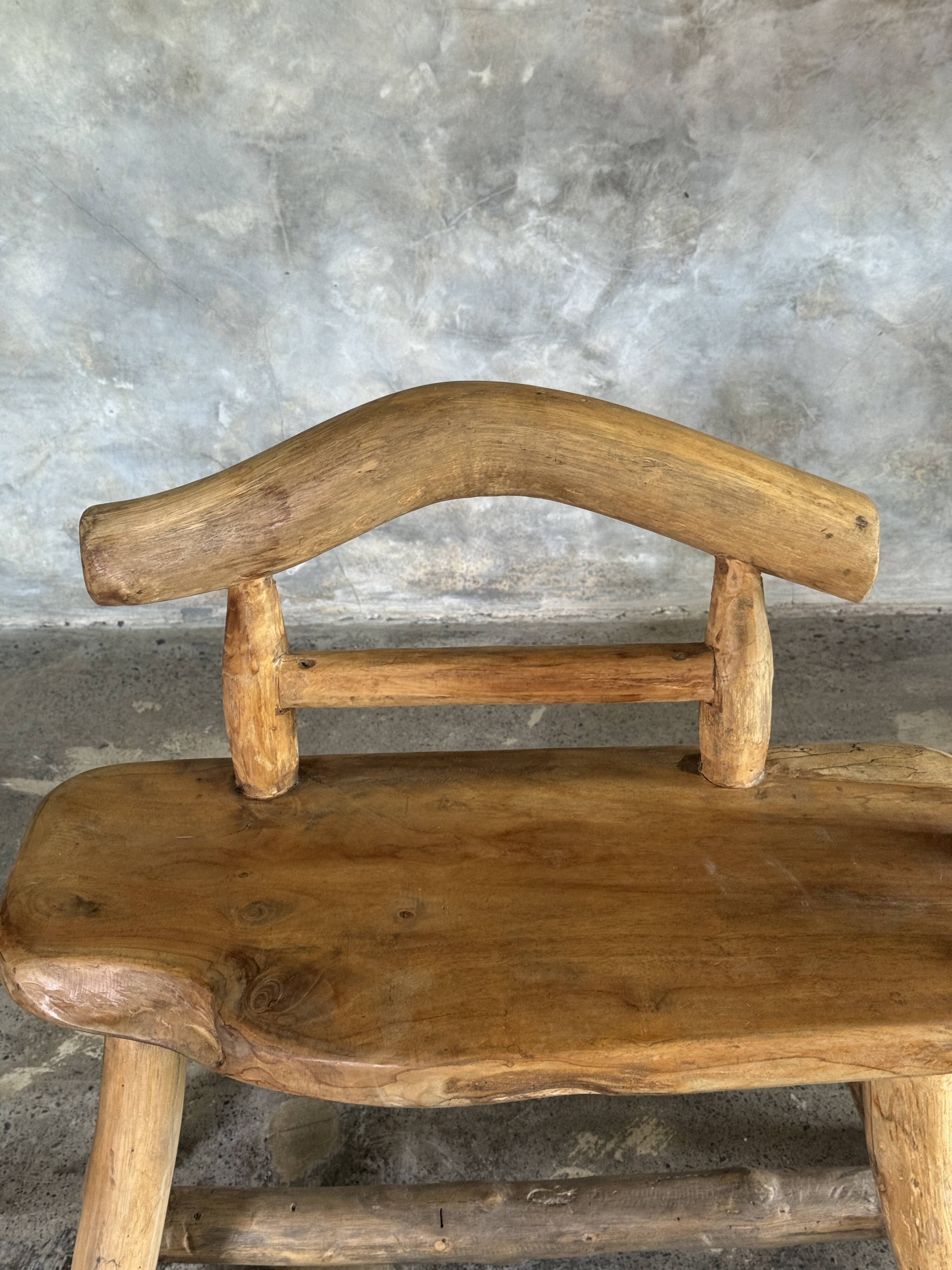 Small brutalist bench with backrest and armrests in Asian blonde teak H67 L6