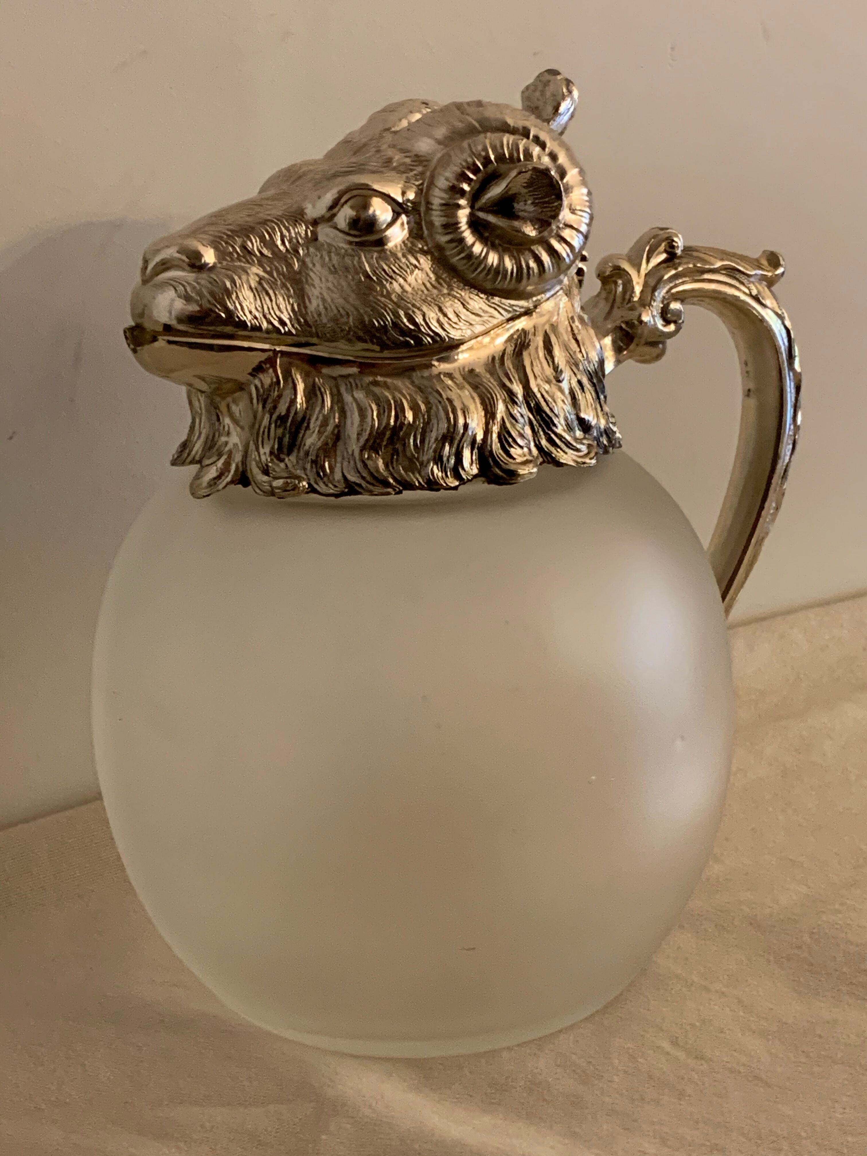 Decanting carafe or frosted glass water broc with silver metal ram head 1970