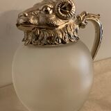 Decanting carafe or frosted glass water broc with silver metal ram head 1970