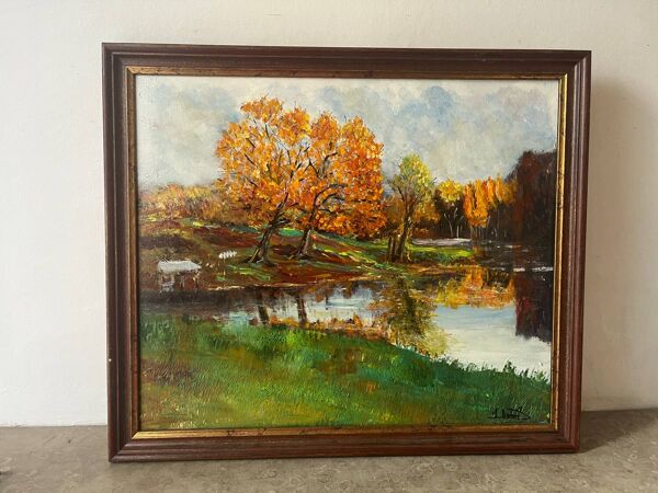Automne au lac, huile sur toile signé Lucien Bertrand