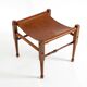 Rare 1990s safari stool with a teak frame and a seat made of brown saddle l