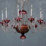 Lustre pampilles XIXème verre coloré doré et dorure
