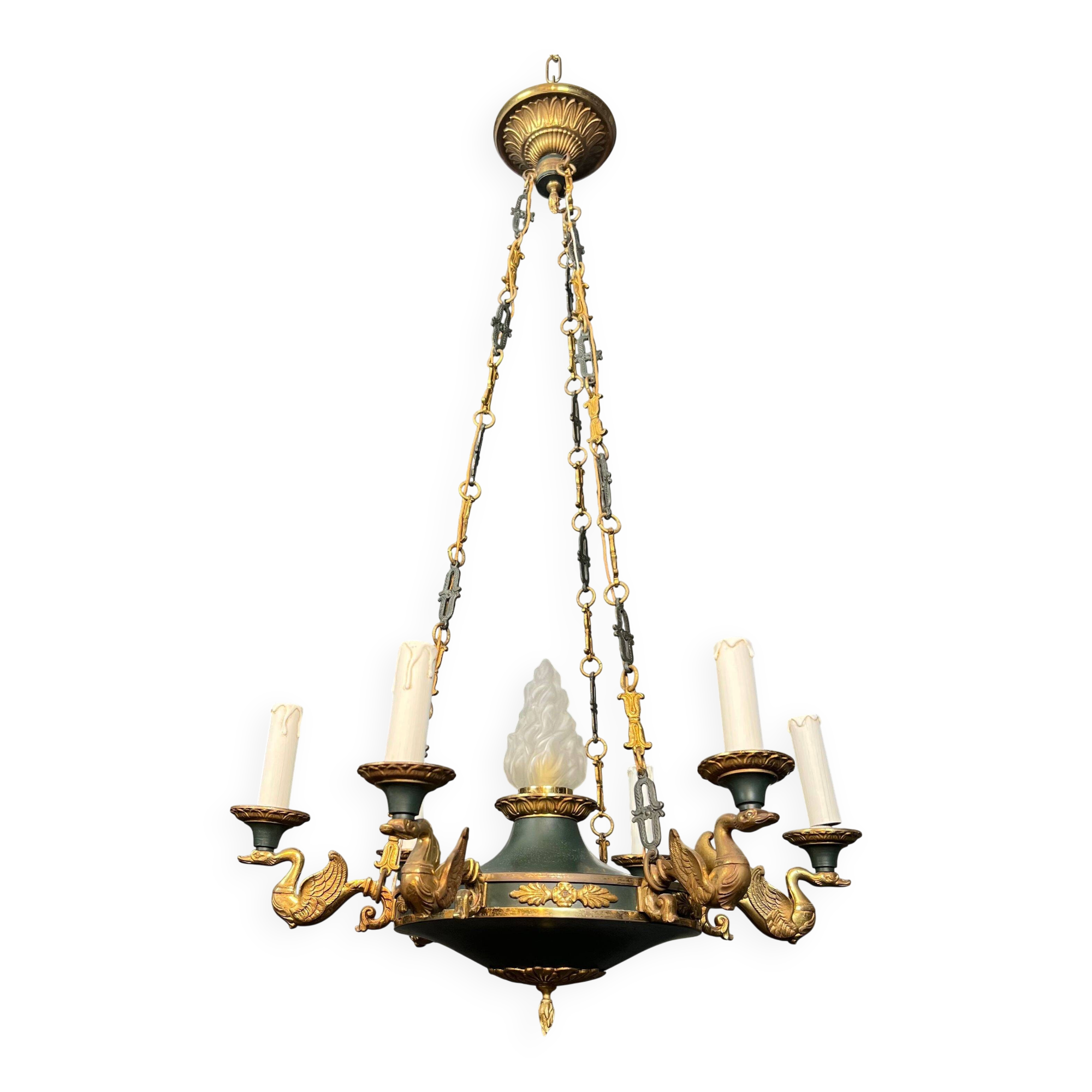 Lustre de style Empire en bronze, tôle verte et flamme en verre moulé