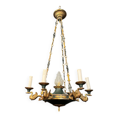 Lustre de style Empire en bronze, tôle verte et flamme en verre moulé