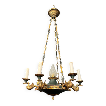 Empire-style chandelier in bronze, green sheet metal and moulded glass flame.