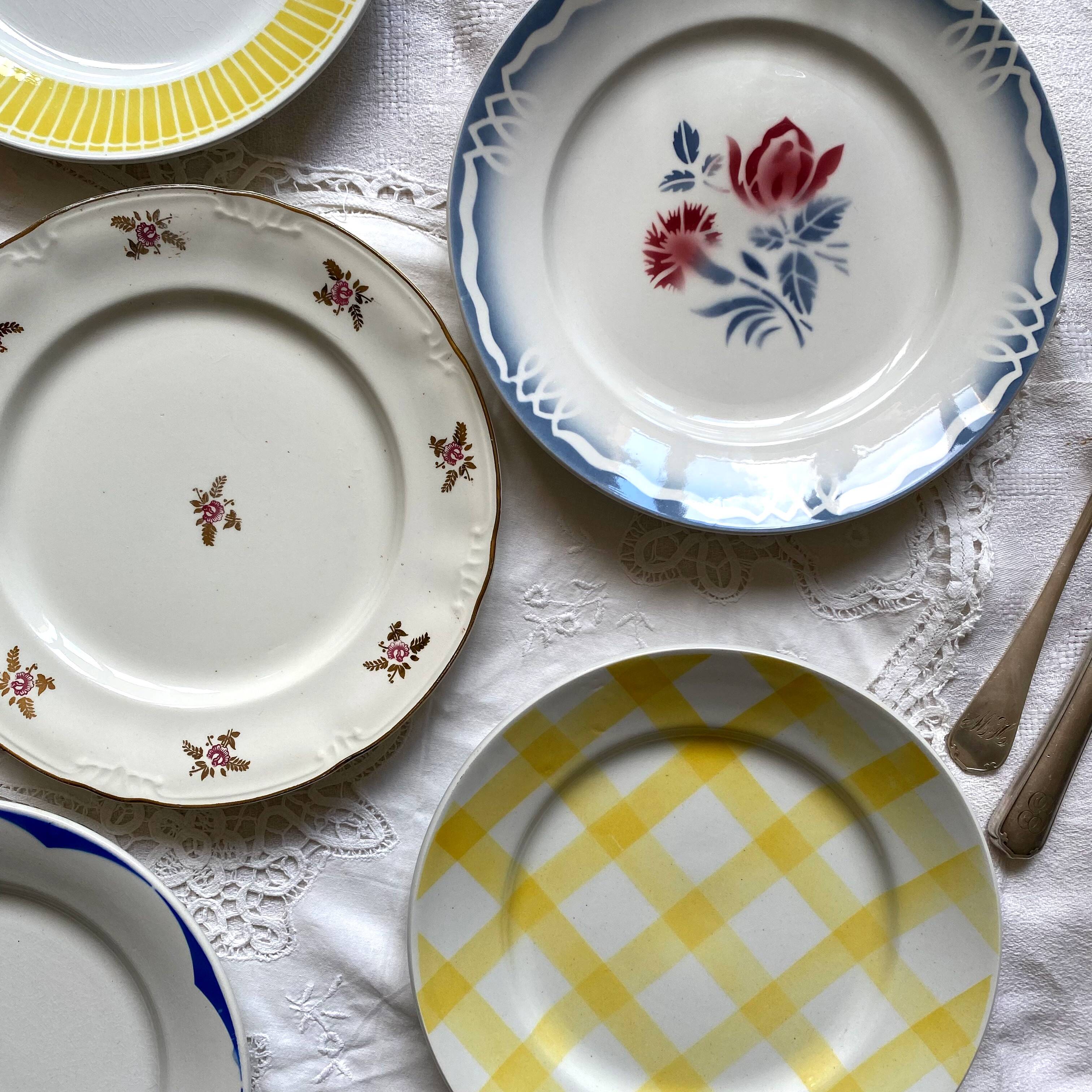 Set of 6 mismatched old earthenware flat plates Céranor Moulin des loups Digoin ACC-7187