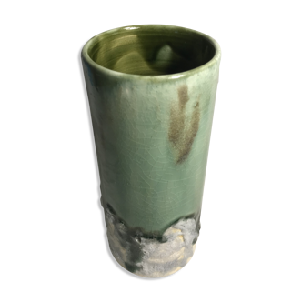 Vase rouleau ancien céramique émaillée vert