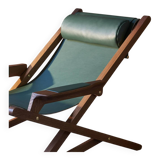 Chaise longue pliante et repose-pied en chêne et cuir Emile Duvivier