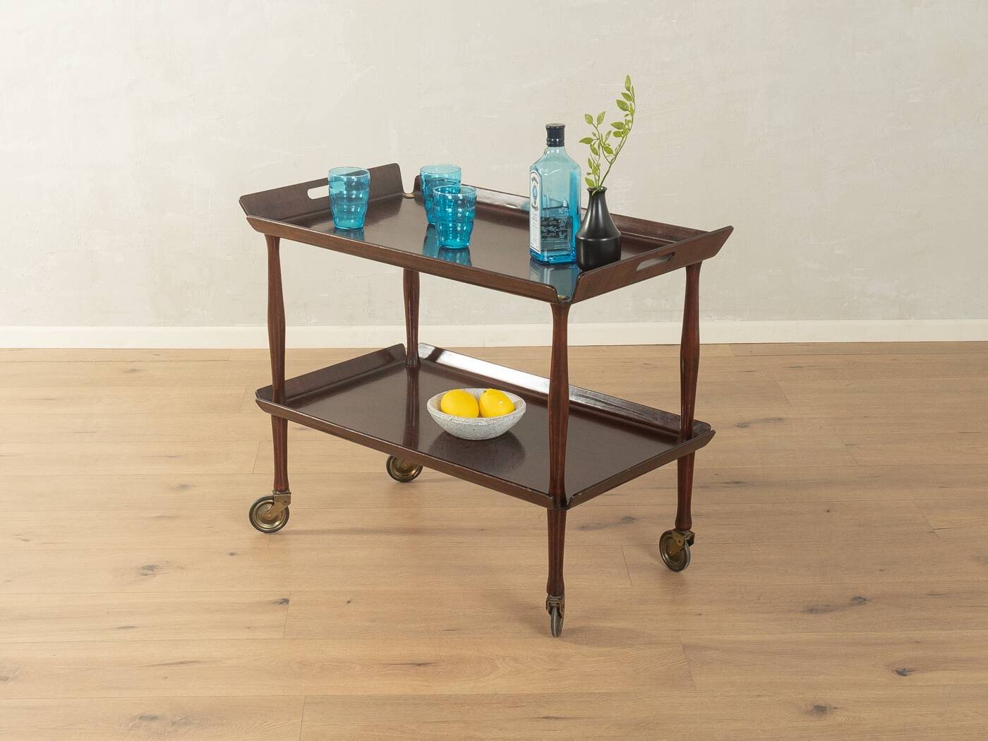 Classic serving trolley from the 1960s, solid Macoré frame with two Macoré veneer shelves and brass castors