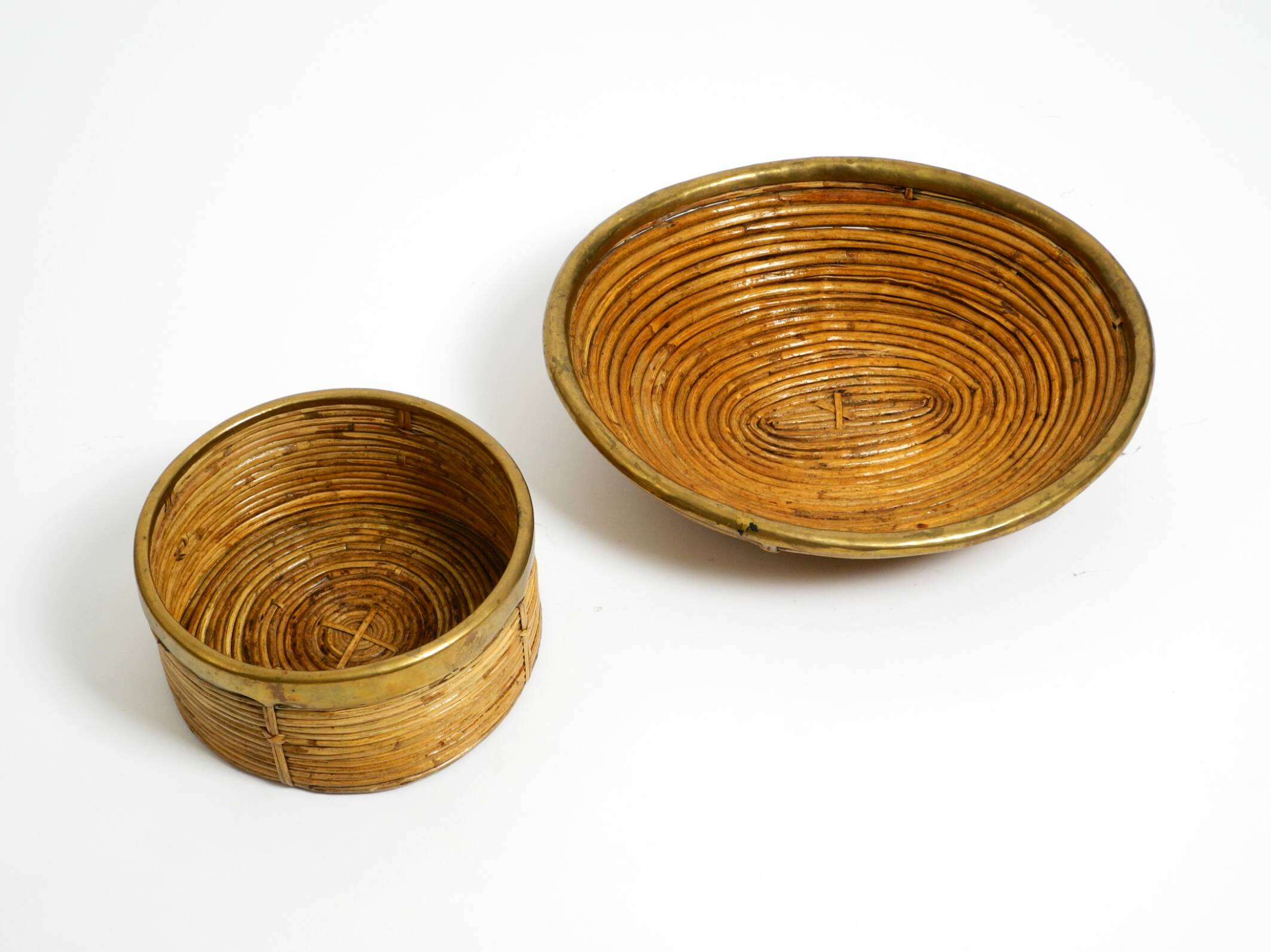 A pair of beautiful Italian Mid Century Modern bamboo bowls with brass rims