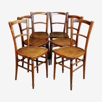 Set de 6 chaises bistrot du début XXe fonds bois à décor