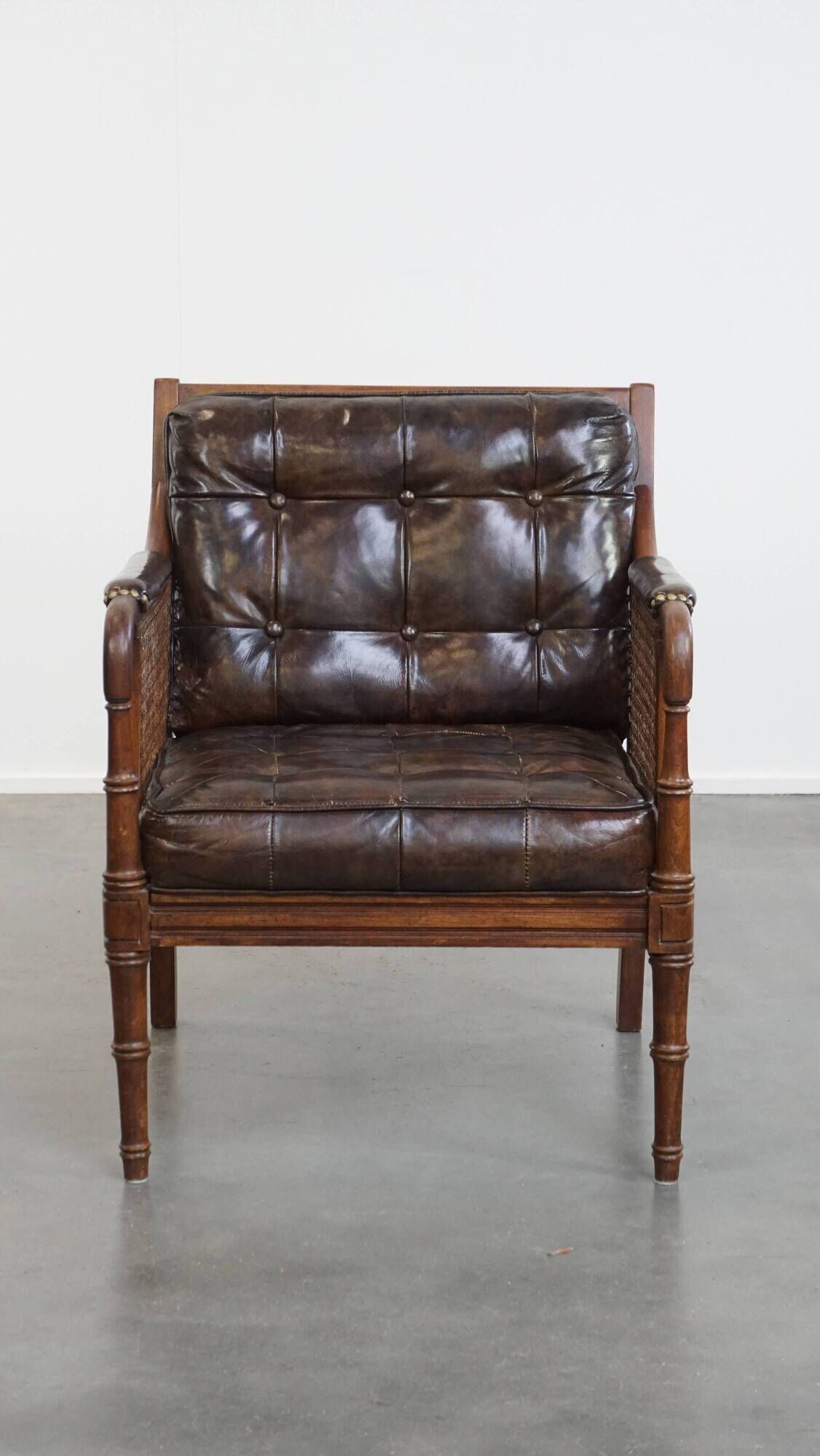 Vintage 1970s Design Armchair Made of Wood, Leather, and Webbing