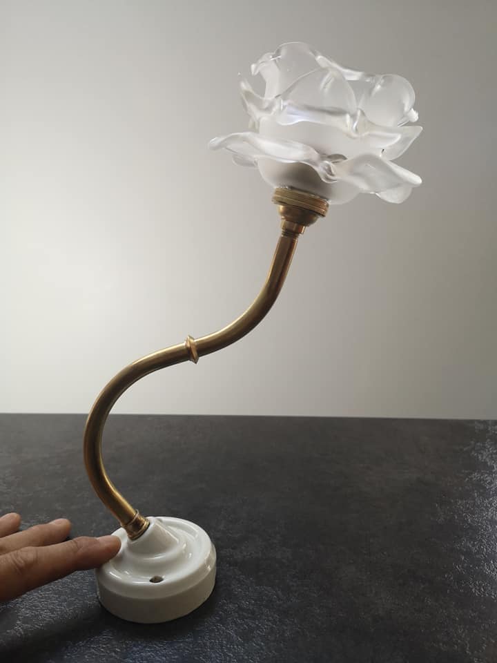 Wall lamp old tulip glass paste shape flower gooseneck brass porcelain Art Deco 1930 TBE