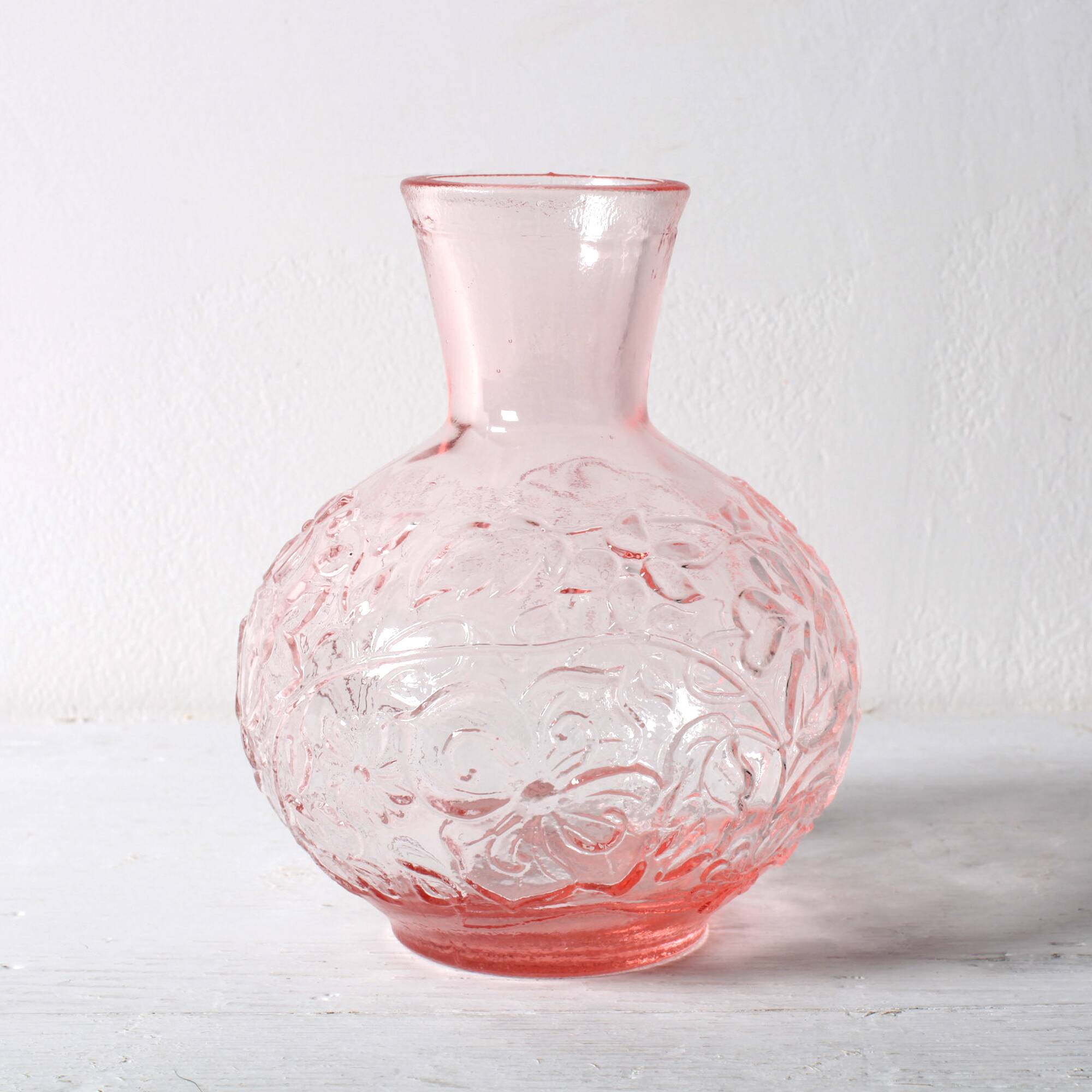 Vintage Small Pink Pressed Glass Vase with Flowers Pattern / Italy / 1960s