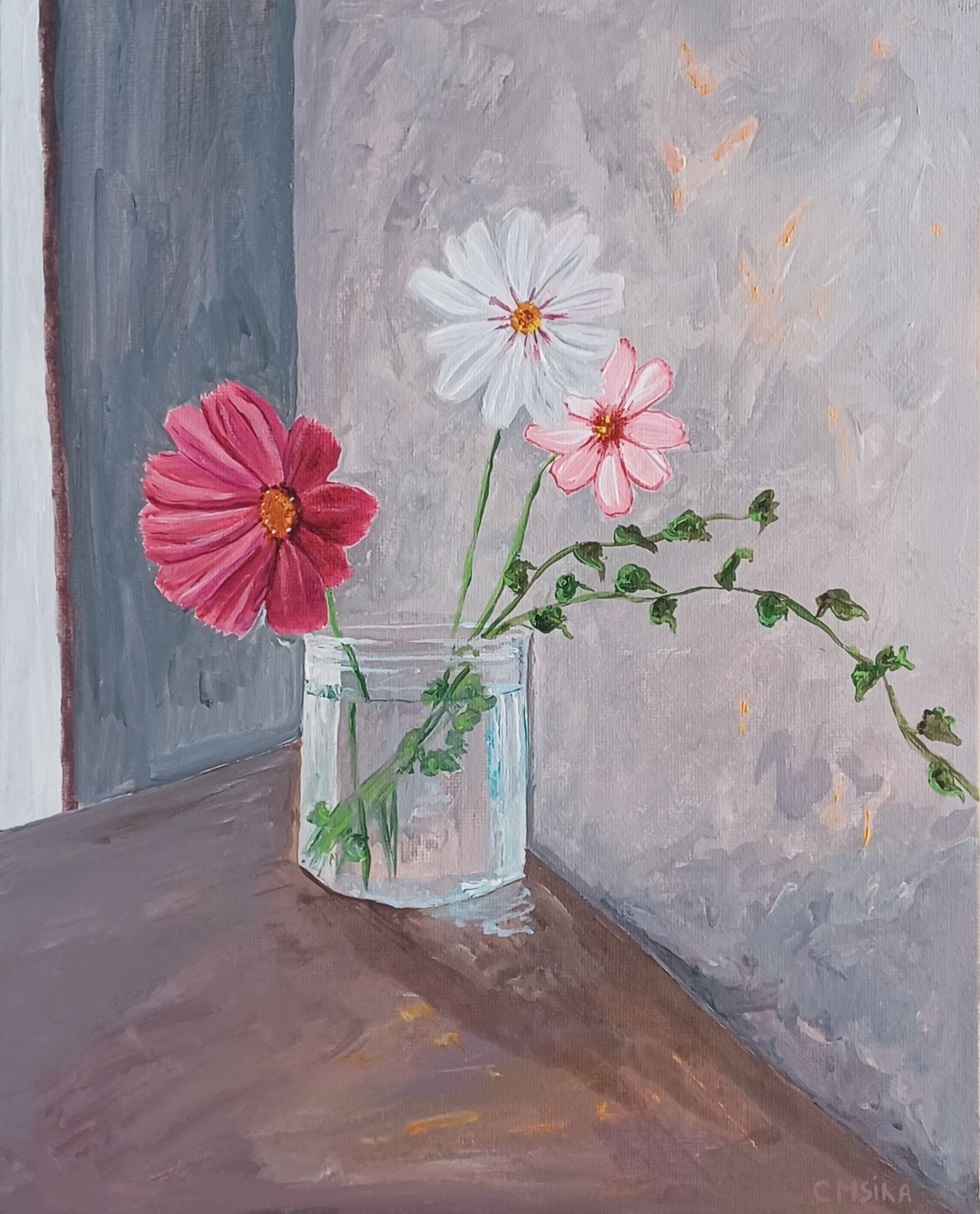 Painting, bouquet of cosmos in a jar of jam