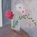 Painting, bouquet of cosmos in a jar of jam