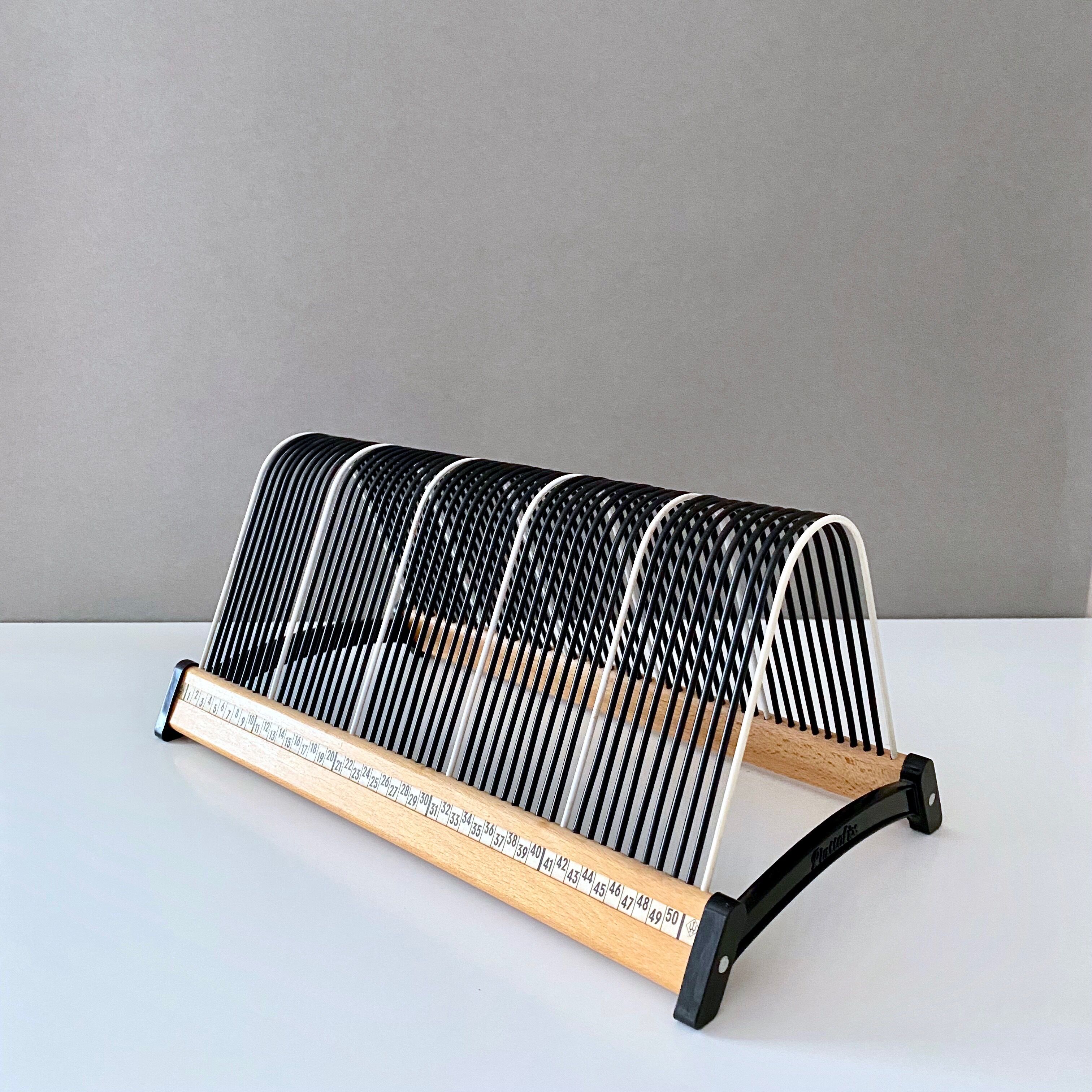 Vintage record stand, vinyl record holder, Plattofix Germany, black white, 50 records