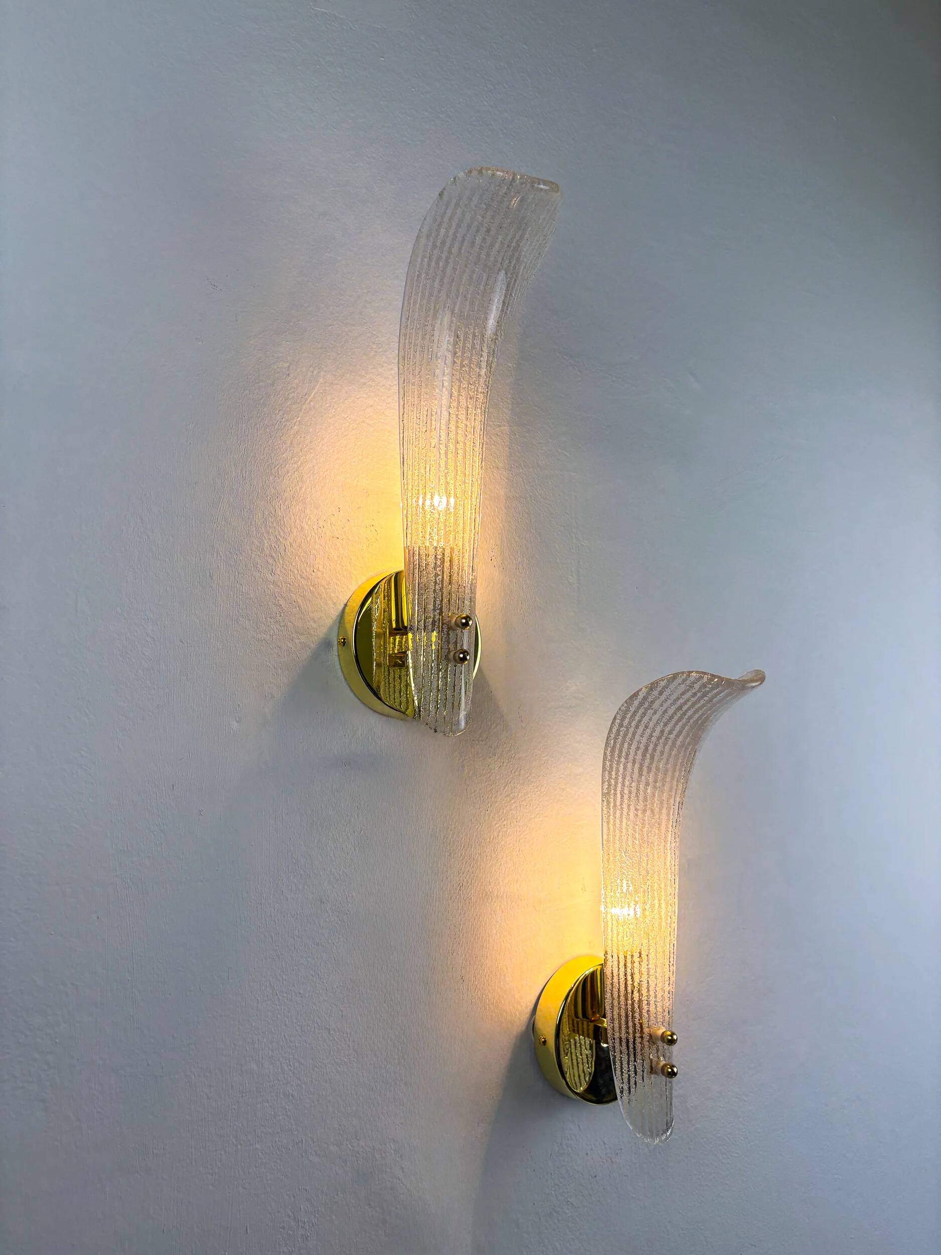 Pair of Murano frosted glass leaf sconces, gilt brass, Italy, 1970s