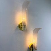Pair of Murano frosted glass leaf sconces, gilt brass, Italy, 1970s