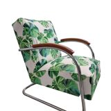Pair of Bauhaus cantilever armchairs with footstool, tubular frame, Mücke-Melder, 1930s Czech