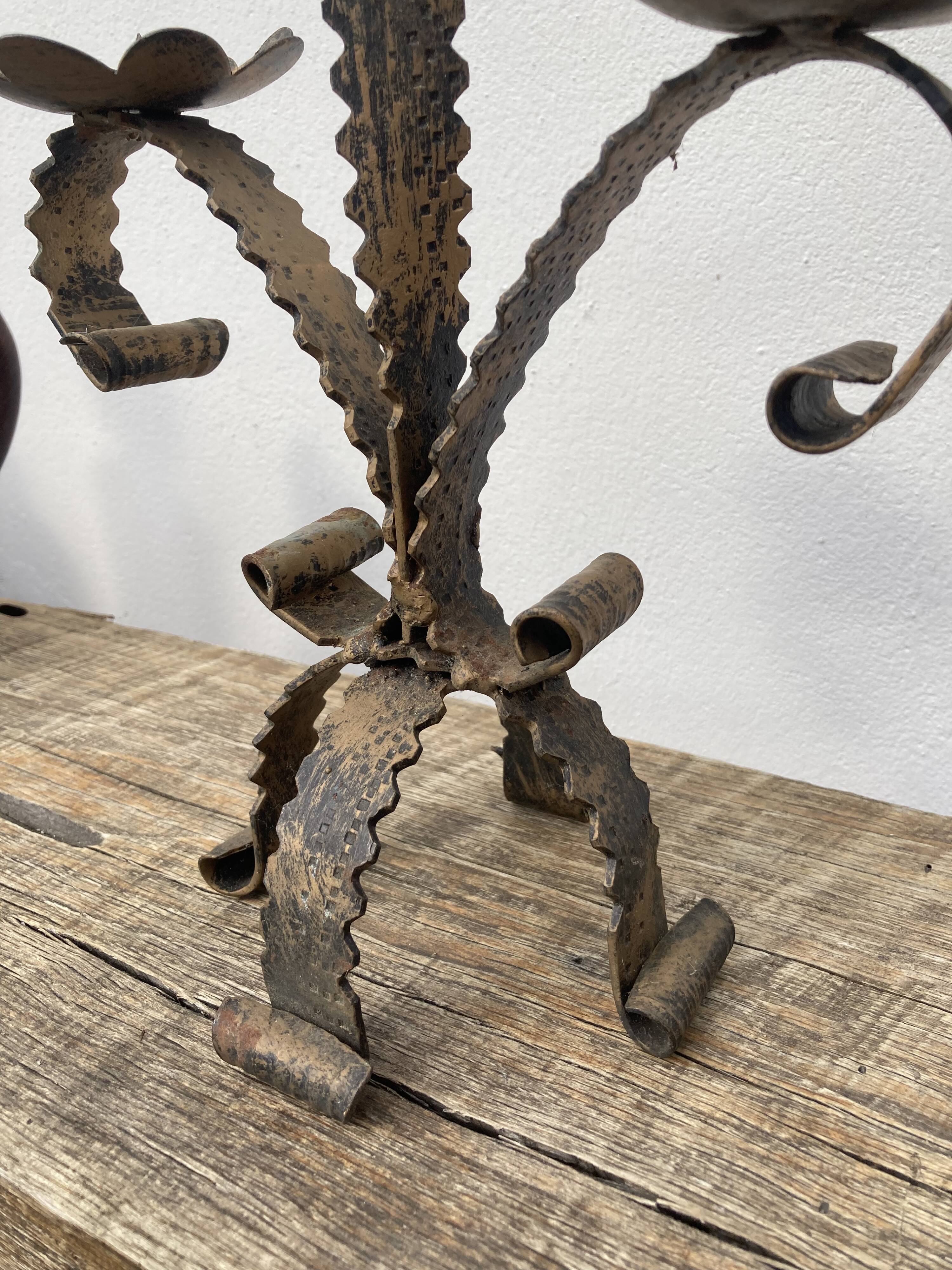 Brutalist candle holder folk art - wrought iron candlestick
