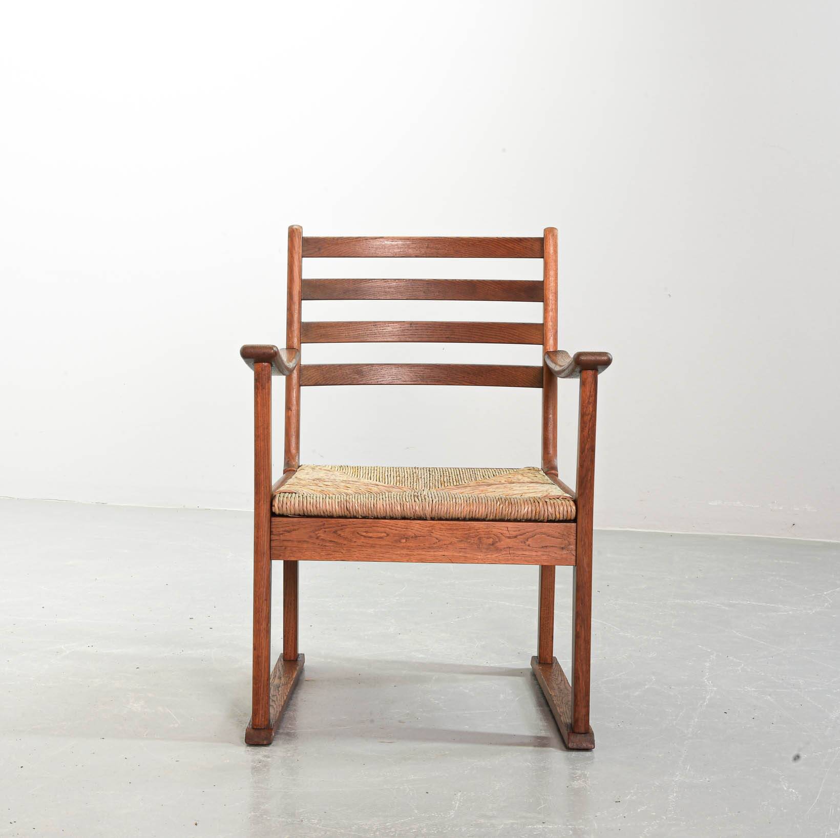 Rare Bas van Pelt Brutalist Oak Armchair with Woven Rush Seat for My Home