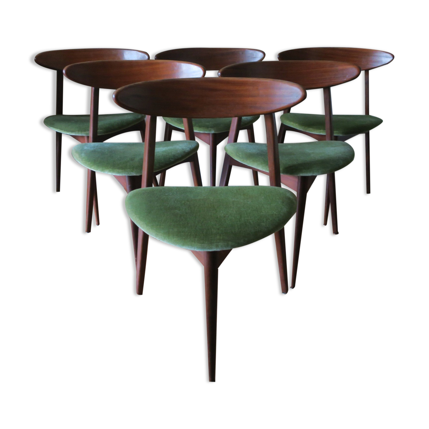 Set of six Danish teak tripod dining chairs, 1960