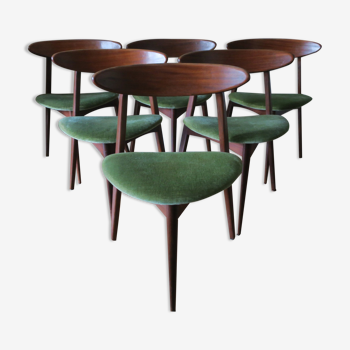 Ensemble de six chaises de salle à manger trépied en teck danois, 1960