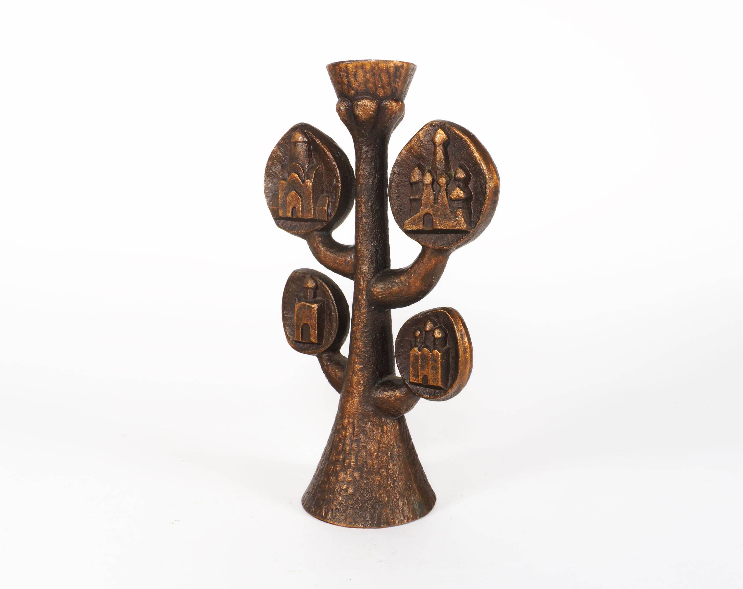 Vintage 1970s Brutalist Orthodox Christian Bronzed Tree-Shaped Candlestick