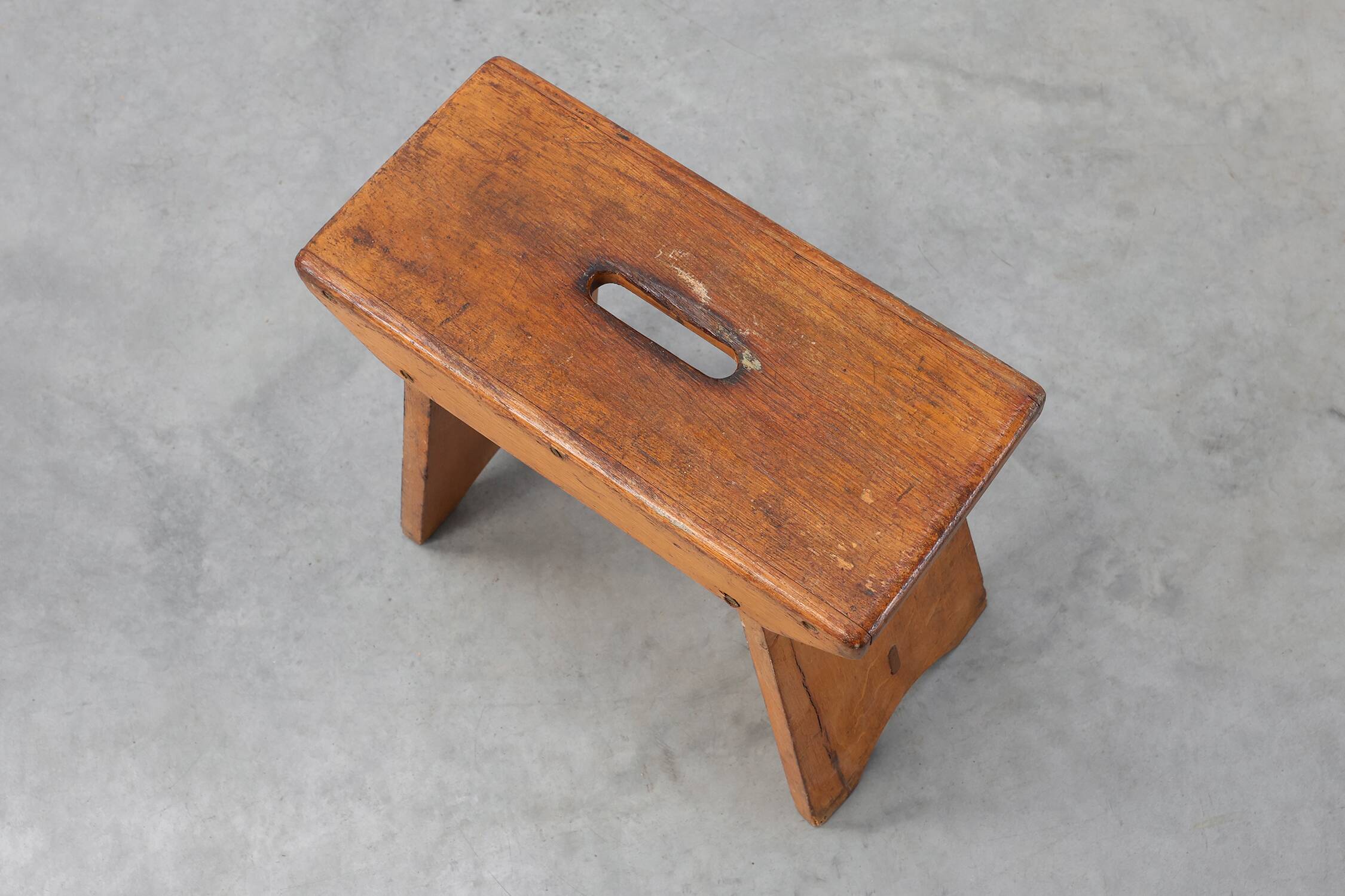 Rustic Pine Stool with Cut-Out Trestle Legs, Sweden, circa 1920