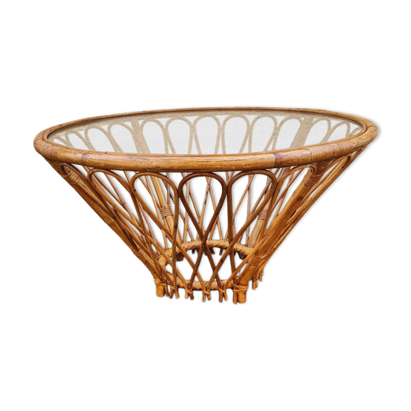 Table basse en rotin, osier et verre, années 1960-1970