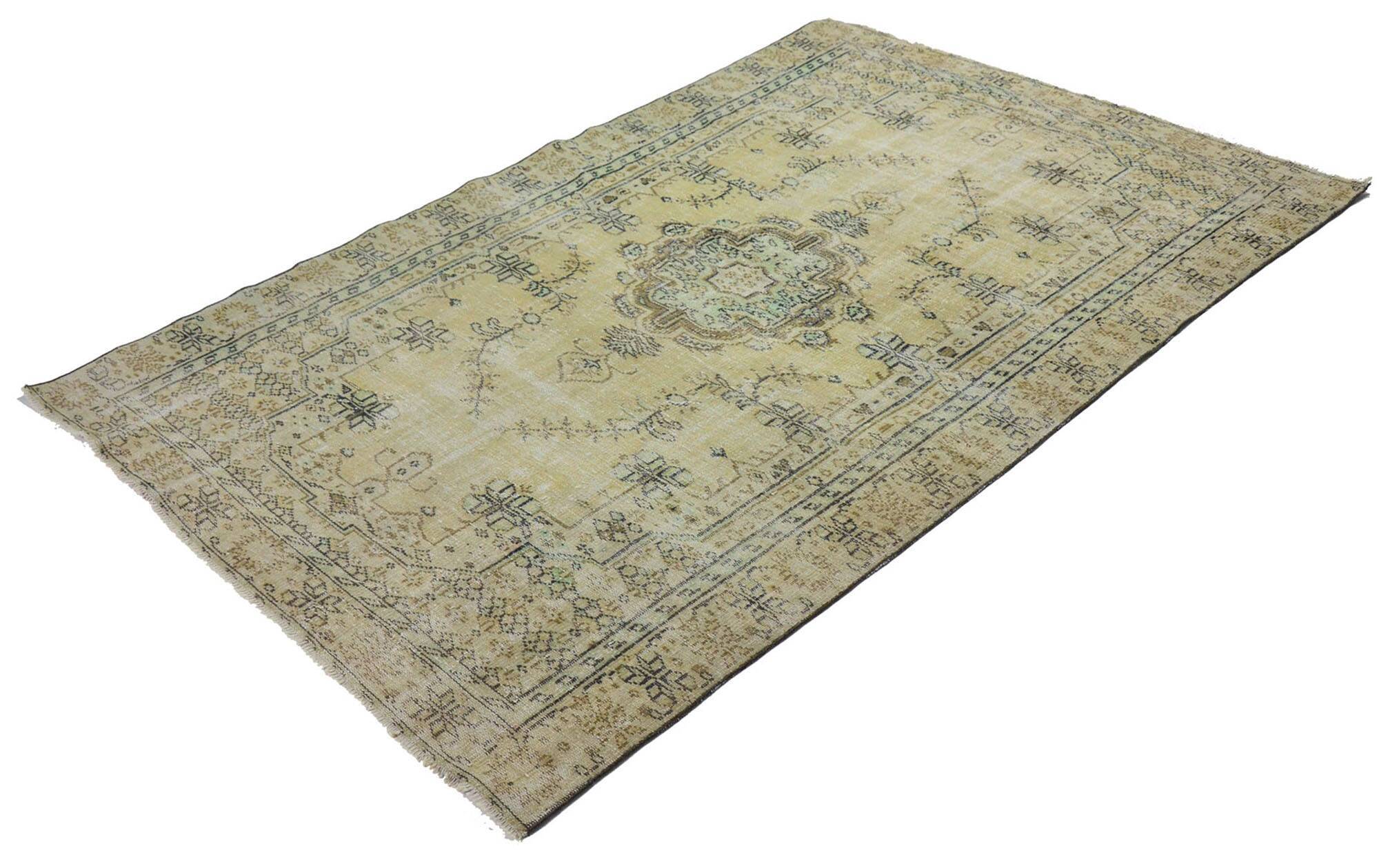 Vintage Turkish Medallion Rug Beige Green 265 x 168 cm