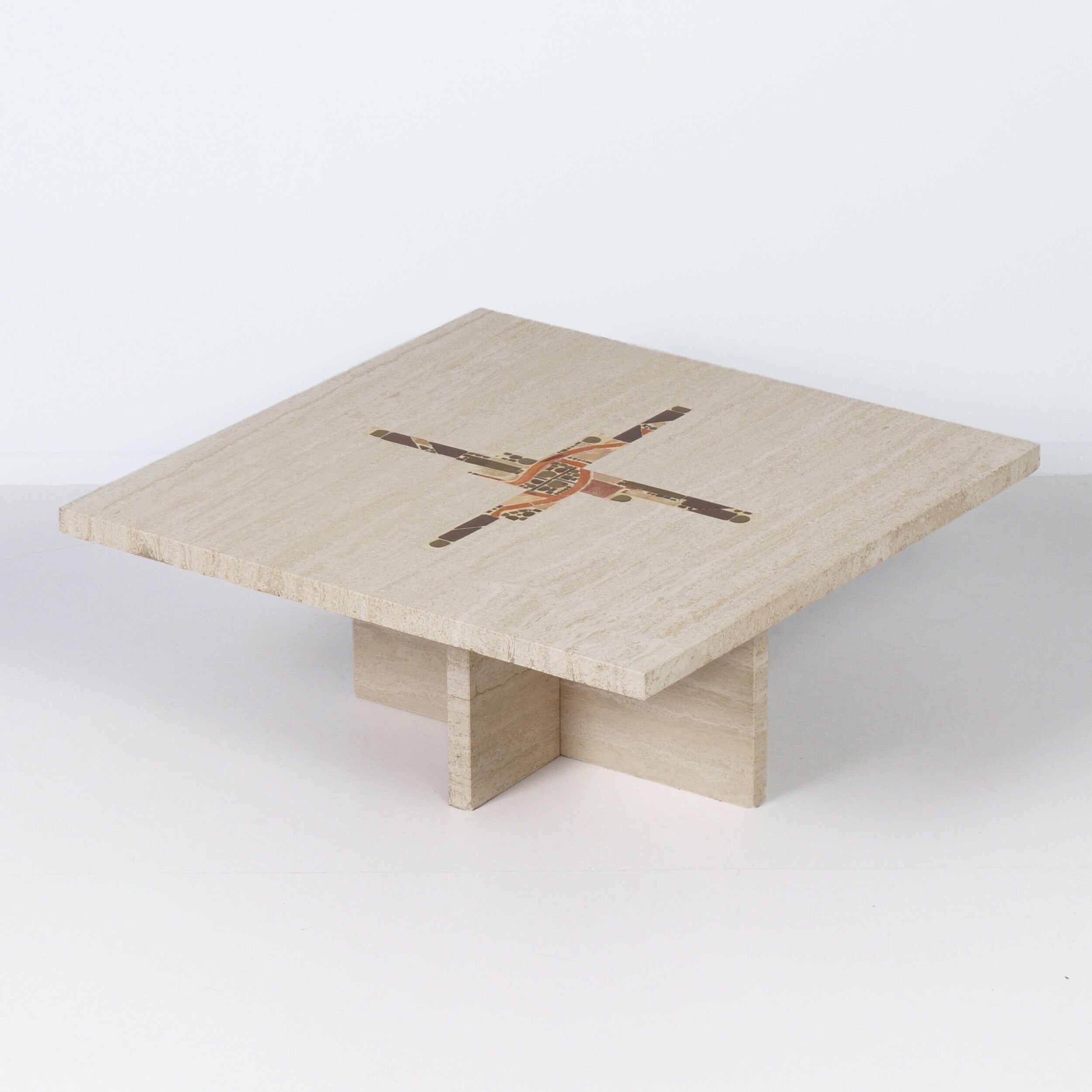Coffee table by Paul Kingma in travertine with marble and brass inlay, 1980