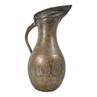 Persian Hammam Jug Vase in Silvered Copper / 19th Persian Empire / Chiseled Qajar